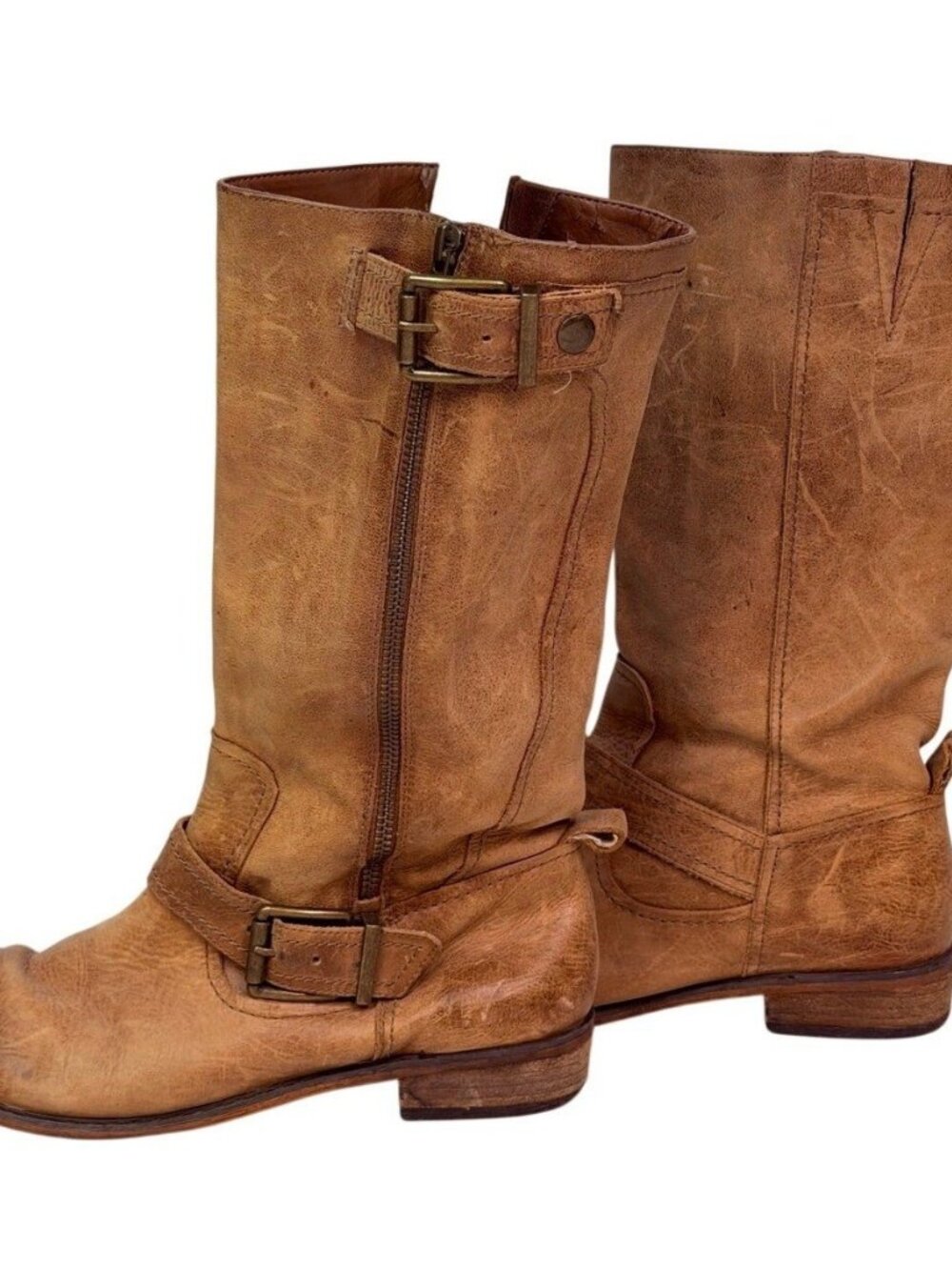 Giani Bini Distressed Tan Leather Side Zip Buckled Boots Women's Size 7 M - Picture 4 of 9